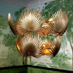 Elegant Modern Glam Chandelier in Gold Metal Finish with Palm Leaf Cage Lifestyle View by Luxury Group International