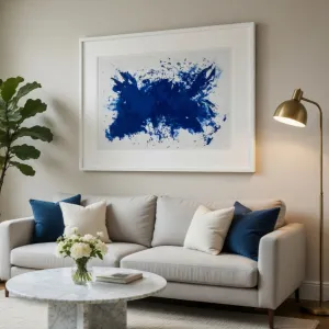Elegant Modern Wall Art in White Wood with Blue Paint Splash Print Lifestyle View by Luxury Group International