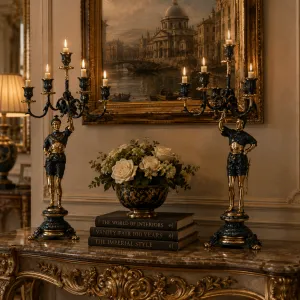 Luxuriöses Barock-Kerzenhalter-Duo mit fünf Armen und skulptiertem stehenden Krieger als Basis - Kerzenhalter Lifestyle-Ansicht von Luxury Group International