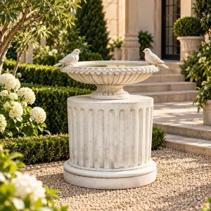 Fluted Drum Luxus Gartenpodest mit gestufter runder Basis – Gartendekoration Lifestyle-Ansicht von Luxury Group International