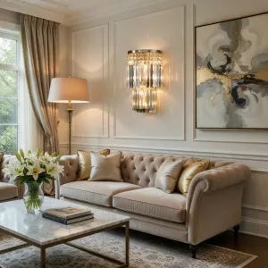 Glamorous Crystal Wall Sconce in Gold Polished Metal with Clear Prism Sparkle Lifestyle View by Luxury Group International