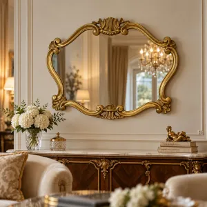 Golden Baroque Luxury Wall Mirror with Shell Crests and Sweeping Scrollwork - Baroque Mirrors Lifestyle View by Luxury Group International
