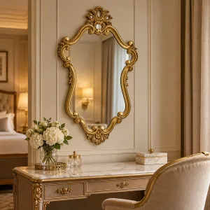 Golden Luxury Baroque Wall Mirror with Pierced Crown and Curved Scroll Frame Lifestyle View by Luxury Group International