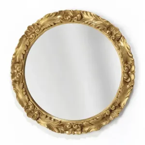 Golden Round Luxury Wall Mirror with Sculpted Baroque Acanthus Leaves - Baroque Mirrors Front View by Luxury Group International