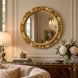 Golden Round Luxury Wall Mirror with Sculpted Baroque Acanthus Leaves - Baroque Mirrors Lifestyle View by Luxury Group International