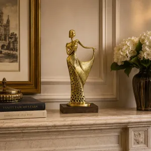 Graceful Lady Luxury Bronze Sculpture with Draped Gown on Wooden Base - Luxury Bronze Figure Lifestyle View by Luxury Group International