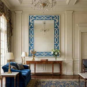 Großer Luxus-Wandspiegel mit blauem Rankenmuster im silbernen Facettenglasrahmen Vorderansicht von Luxury Group International