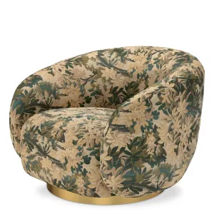 Green & Beige Floral Pattern Luxury Lounge Chair with Curved Backrest & Golden Base -Hotel Furniture Front View by Luxury Group International