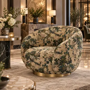 Green & Beige Floral Pattern Luxury Lounge Chair with Curved Backrest & Golden Base -Hotel Furniture Lifestyle View by Luxury Group International