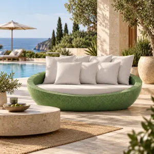 Divano da Giardino Esterno con Base in Cemento Verde e Seduta Imbottita Bianca - Mobili di Lusso per Hotel Vista frontale di Luxury Group International