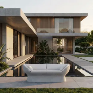 Grey Luxury Concrete Outdoor Sofa with White Upholstered Cushions- Outdoor Furniture Lifestyle View by Luxury Group International