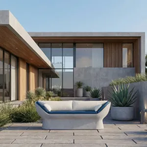 Grey Luxury Concrete Sofa with Blue Cushions and Curved Armrests - Outdoor Furniture Lifestyle View by Luxury Group International