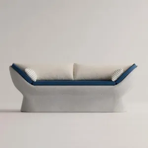 Grey Luxury Concrete Sofa with Blue Cushions and Curved Armrests - Outdoor Furniture Front View by Luxury Group International