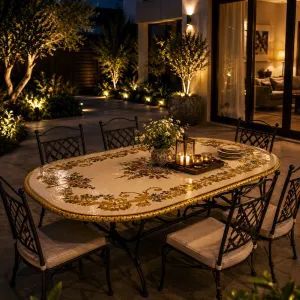 Handbemalter ovaler Luxus-Esstisch für den Außenbereich mit floraler Keramikplatte Lifestyle-Ansicht von Luxury Group International
