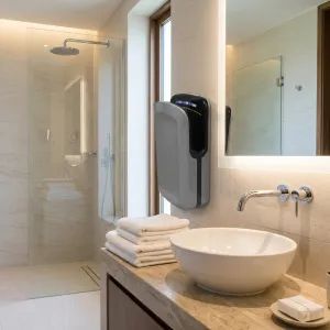 High-Speed Luxury Automatic Hand Dryer in Grey & Black Finish with Antibacterial Filtration System Lifestyle View by Luxury Group International