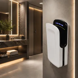 High-Speed Luxury Automatic Hand Dryer in White & Black Finish with Antibacterial Filtration System Lifestyle View by Luxury Group International