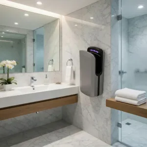 High-Speed Luxury Automatic Hand Dryer with Brushless Digital Motor in White & Grey Color Variations Lifestyle View by Luxury Group International
