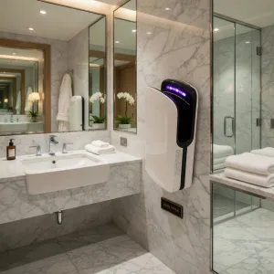 High-Speed Luxury Automatic Hand Dryer with Brushless Digital Motor in White & Grey Color Variations Lifestyle View by Luxury Group International