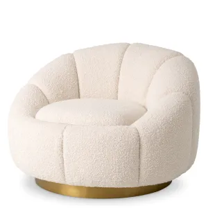 Ivory Bouclé Luxury Armchair with Curved Backrest and Golden Base - Luxury Hotel Furniture Front View by Luxury Group International
