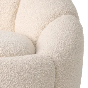 Ivory Bouclé Luxury Armchair with Curved Backrest and Golden Base - Luxury Hotel Furniture Detail View by Luxury Group International