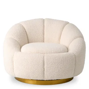 Ivory Bouclé Luxury Armchair with Curved Backrest and Golden Base - Luxury Hotel Furniture Front View by Luxury Group International