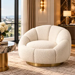 Ivory Bouclé Luxury Armchair with Curved Backrest and Golden Base - Luxury Hotel Furniture Lifestyle View by Luxury Group International