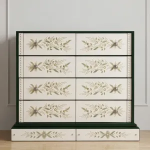 Luxus-Kommode mit elfenbeinfarbenen floral gravierten Fronten und dunklem Hochglanzrahmen Vorderansicht von Luxury Group International