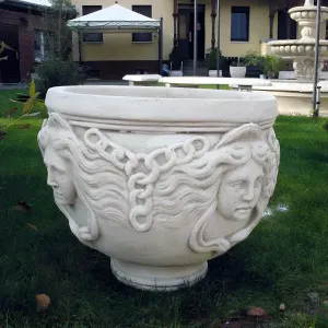 Large Decorative Garden Planter with Sculpted Face Motifs - Luxury Planters Front View by Luxury Group International