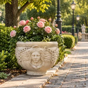 Large Decorative Garden Planter with Sculpted Face Motifs - Luxury Planters Lifestyle View by Luxury Group International