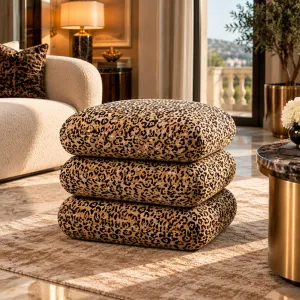 Leopard Print Fabric Ottoman Stool with Rounded Cushioned Design - Luxury Hotel Furniture Lifestyle View by Luxury Group International