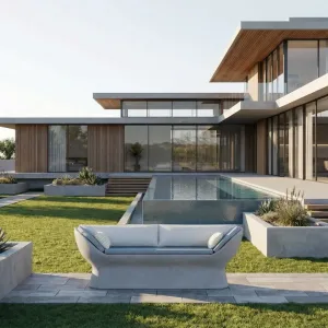 Light Grey Luxury Concrete Outdoor Sofa with Teal Blue Upholstery - Outdoor Furniture Lifestyle View by Luxury Group International