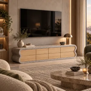 Hellgrauer Luxus Moderner TV-Ständer mit Welligem Betonrahmen und Holzpaneelen – TV-Einheit Lifestyle-Ansicht von Luxury Group International
