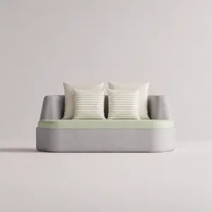 Canapé d'extérieur incurvé gris clair et vert menthe avec coussins – 178 cm - Mobilier de luxe pour hôtels Vue de face par Luxury Group International