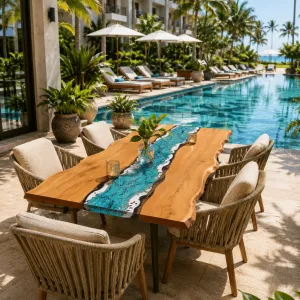 Live Edge Holz Luxus Outdoor Esstisch mit blauer Harz-Flussintarsie Lifestyle-Ansicht von Luxury Group International