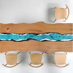 Live Edge Holz Luxus Outdoor Esstisch mit blauer Harz-Flussintarsie Draufsicht von Luxury Group International