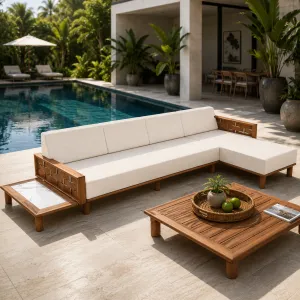 Luxury 4-Seater Outdoor Sofa with Right Chaise and Side Table Lifestyle View by Luxury Group International