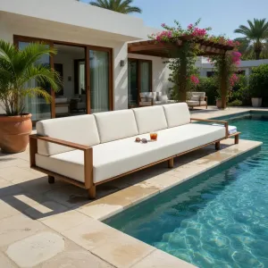 Canapé d'extérieur 4 places de luxe avec étagère latérale droite et structure en teck premium Vue lifestyle par Luxury Group International