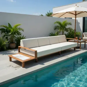 Canapé d'extérieur de luxe 4 places avec table d'appoint intégrée et structure en bois de teck Vue lifestyle par Luxury Group International