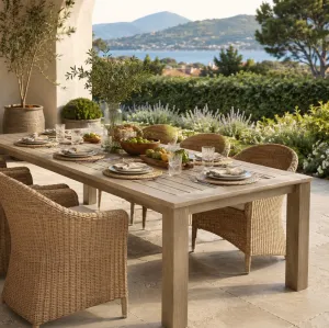 Luxury Aged Teak Outdoor Dining Table 240 cm for Garden Dining Lifestyle View by Luxury Group International