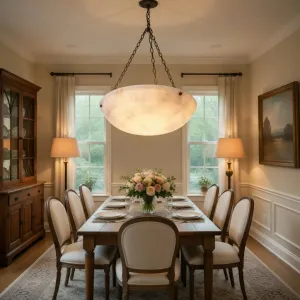 Luxury Alabaster Bowl Pendant Ceiling Light with Antique Bronze Chain Suspension Lifestyle View by Luxury Group International