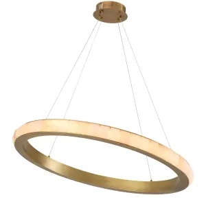 Luxus Alabaster-Ring-Kronleuchter mit gebürstetem Messing-Halo-Rahmen für moderne Innenräume Vorderansicht von Luxury Group International