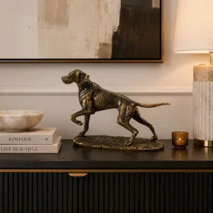Luxury Alert Hunting Dog Sculpture in Antique Bronze Finish with Textured Ground Base Lifestyle View by Luxury Group International