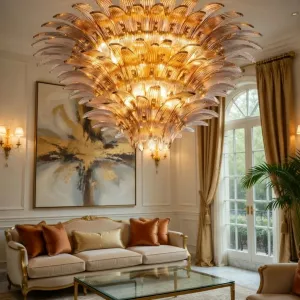 Lampadario di Lusso in Vetro Ambra a Forma di Foglia con Accenti Decorativi Dorati Vista lifestyle di Luxury Group International