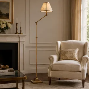 Luxury Antique Brass Adjustable Floor Lamp with Pleated Shade Lifestyle View by Luxury Group International