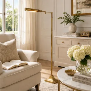 Luxury Antique Brass Adjustable Task Floor Lamp with Directional Light Lifestyle View by Luxury Group International