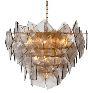 Luxury Antique Brass Chandelier with Smoke Glass Front View by Luxury Group International