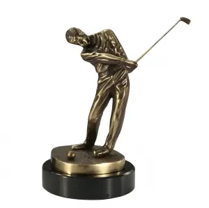 Luxus Antike Bronze Golfer-Skulptur auf schwarzem Steinsockel Vorderansicht von Luxury Group International