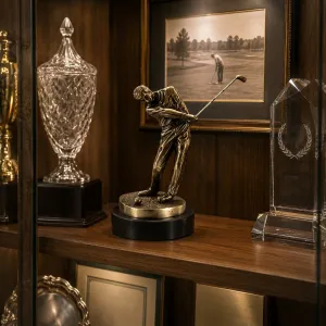 Luxus Antike Bronze Golfer-Skulptur auf schwarzem Steinsockel Lifestyle-Ansicht von Luxury Group International