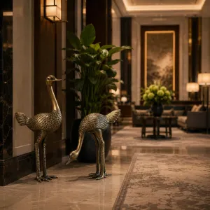 Luxus Antike Bronze Strauß Skulpturenpaar in Kontrastierenden Posen Lifestyle-Ansicht von Luxury Group International