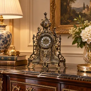 Horloge de Table de Luxe en Bronze Antique avec Cime Baroque et Cadre Ornemental Sculptural Vue lifestyle par Luxury Group International